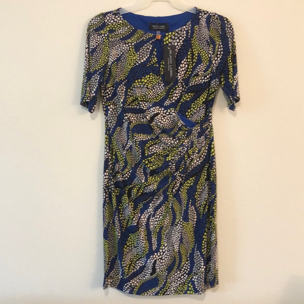 Evan Picone Blue Sheath Midi Dress Crew Neck Short Sleeve
